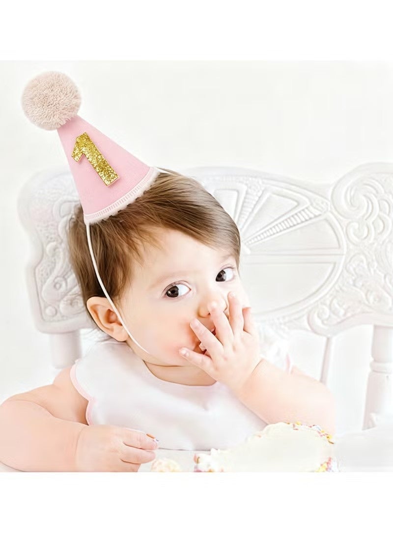 Pink First Birthday Hat for Baby Girls - Pink 1st Cone Hat,Crown with Pom Topper,First Birthday Decorations,One Party Photo Props - Image 4